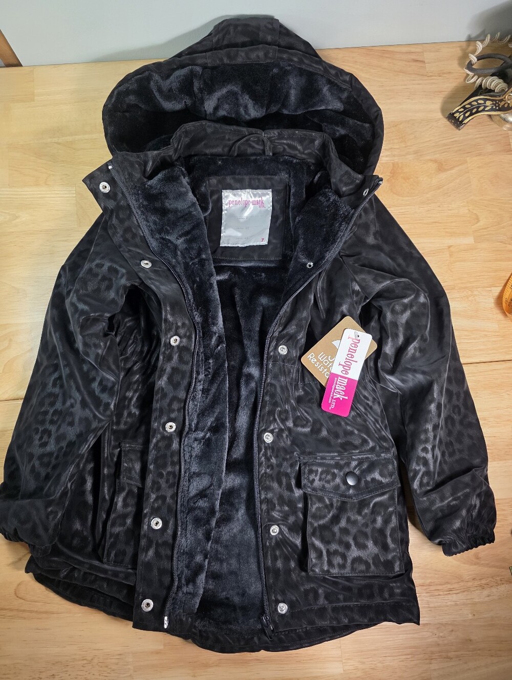 NWT Girls 7 Penelope Mack Black Leopard-Print Hooded Puffer Coat